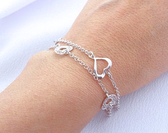 Sterling silver Charms Bracelet, Heart Bracelet. Double chain Bracelet in Sterling silver. Birthstone Not Included.