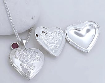 Silver Plated Heart Locket on Sterling Silver Italian Chain. flowered Locket. Customized Birthstone or Initial charm.