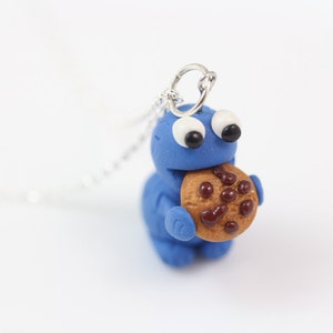 Cookie Monster Necklace, on Sterling silver Chain Polymer Clay cookie monster charm Polymer clay animal Kids gift, Kids Jewelry image 2