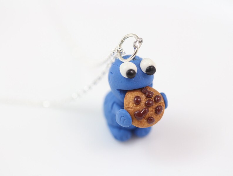 Cookie Monster Necklace, on Sterling silver Chain Polymer Clay cookie monster charm Polymer clay animal Kids gift, Kids Jewelry image 2