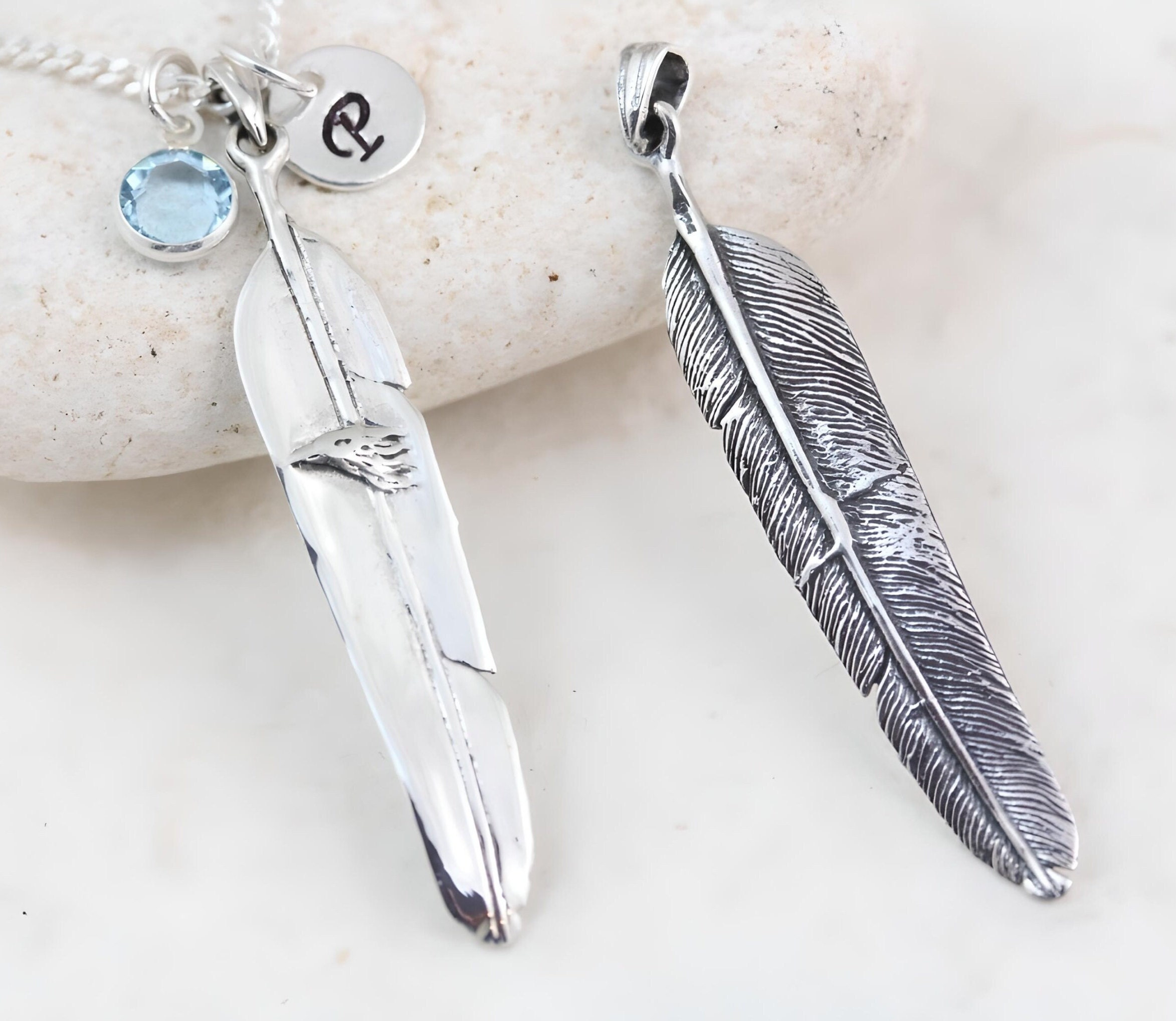 Sterling Silver Feather Necklace With Initial or Birthstone Charm