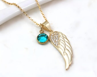 Angel Wing Gold Necklace, Initial OR Birthstone. CZ  Wing Necklace. Gold Over Sterling Silver Wing Gold Filled chain. Silver Upon Request