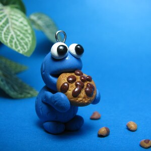 Cookie Monster Necklace, on Sterling silver Chain Polymer Clay cookie monster charm Polymer clay animal Kids gift, Kids Jewelry image 1