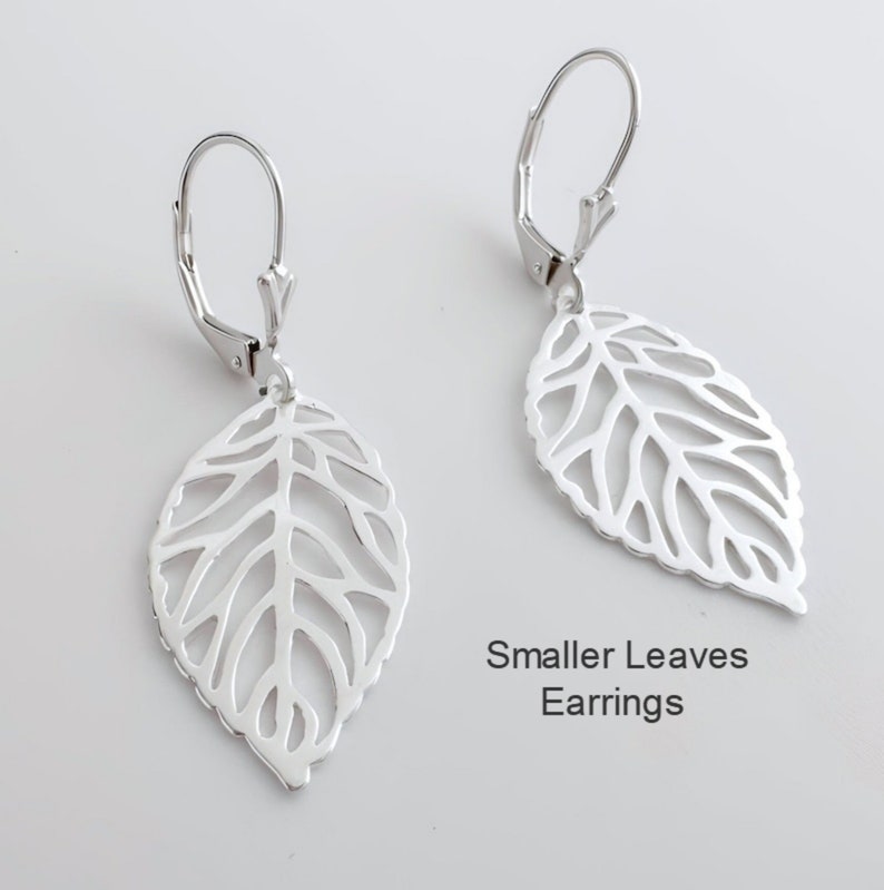 925 Sterling Silver leaves Earrings. Hypoallergenic. Choose Hinge Earring & Hook Earrings. Larg Leaf 31x 19mm Or Sm Leaf 26 x 15mm plus hook image 6