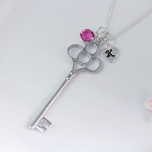 Sterling silver large skeleton key necklace birthstone and initial, Sterling silver large key necklace, Elegant large silver key necklace