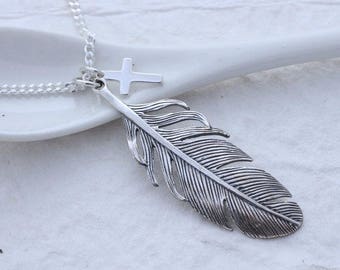 Sterling Silver Large Feather Necklace with Initial OR Birthstone. Personalized Silver Feather necklace. Choose Chain