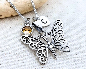 Sterling silver butterfly necklace initial or birthstone, sterling silver butterfly necklace, Personalized butterfly necklace