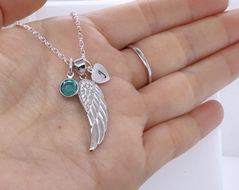 Sterling Silver Wing Necklace Personalized Initial and Birthstone CZ Angel Wing. Symbol freedom, Spirituality, Personal growth. Choose chain