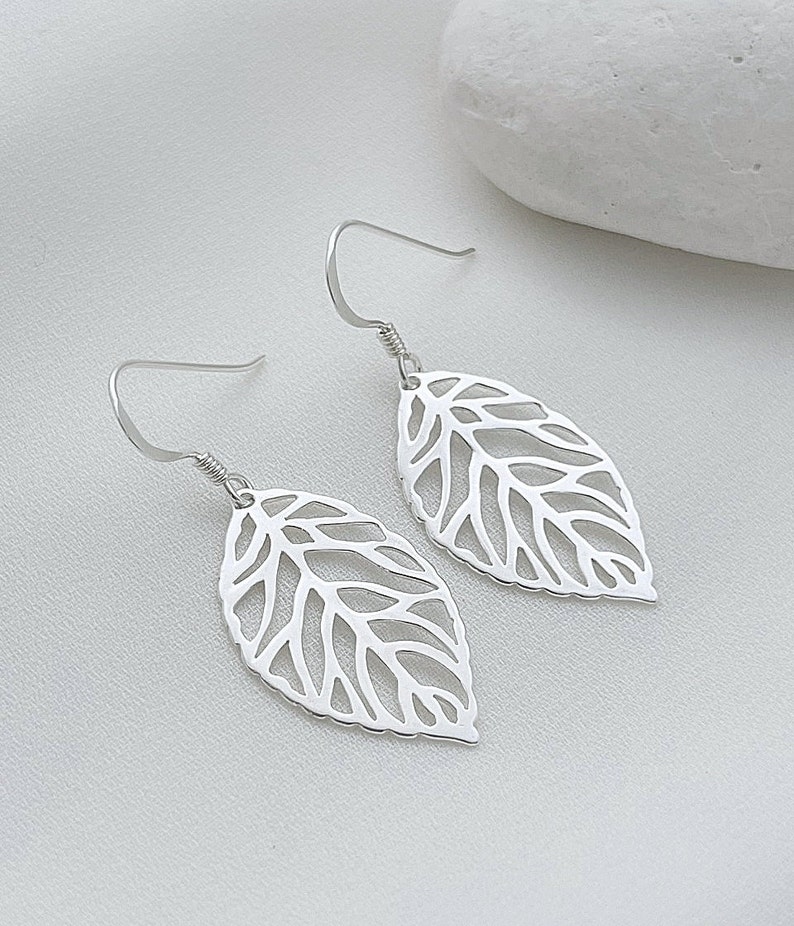 925 Sterling Silver leaves Earrings. Hypoallergenic. Choose Hinge Earring & Hook Earrings. Larg Leaf 31x 19mm Or Sm Leaf 26 x 15mm plus hook image 3