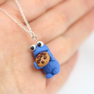 Cookie Monster Necklace, on Sterling silver Chain Polymer Clay cookie monster charm Polymer clay animal Kids gift, Kids Jewelry image 5