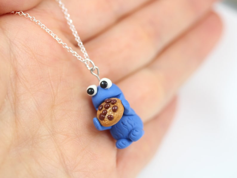 Cookie Monster Necklace, on Sterling silver Chain Polymer Clay cookie monster charm Polymer clay animal Kids gift, Kids Jewelry image 5