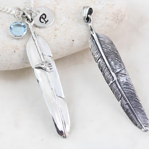 Sterling Silver Feather Necklace with Initial Or Birthstone Charm. Sterling Silver Eagle Feather. Choose Chain