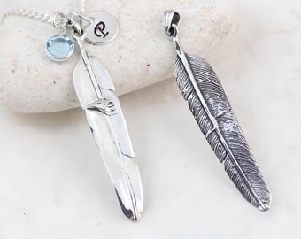 Sterling Silver Feather Necklace with Initial Or Birthstone Charm. Sterling Silver Eagle Feather. Choose Chain