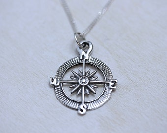 Compass Pendant in Sterling Silver. Silver Compass Necklace. Unisex Compass necklace. Travelers, Adventurers symbol. choose Italian chain