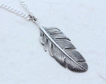925 Large Feather. Sterling silver Feather Necklace. Choose chain