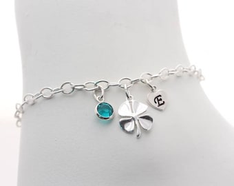 Lucky Four Leaf Clover Bracelet, Sturdy long lasting Ster Silver Italian chain. Personalized initials birthstone. Four Leaf Charm Bracelet