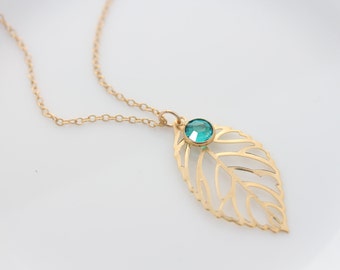 Gold leaf necklace. Gold plated leaf Gold Filled chain. One Birthstone included