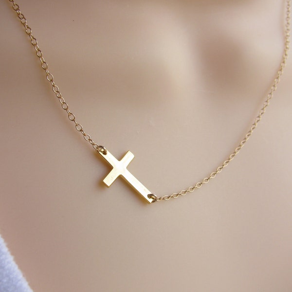 Small Sideways Cross Necklace, Gold Cross Necklace, Horizontal cross. celebrity jewelry, Small Cross  15 x 9mm. NO Lead, Pewter or Nickel