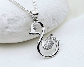 Solid 925 Sterling silver Duck. Silver Duck with Sterling Silver chain necklace. Duck With Cubic Zirconia. Choose chain.