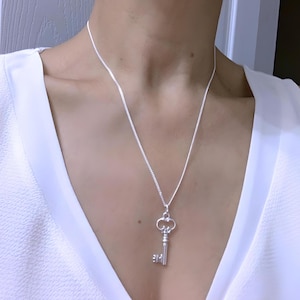 925 Sterling Silver Key Necklace on sterling Silver Italian. Antique Style Skeleton Key. Choose chain.