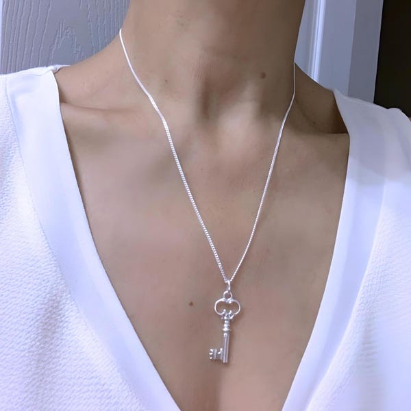 925 Sterling Silver Key Necklace on sterling Silver Italian. Antique Style Skeleton Key. Choose chain.