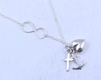 Sterling Silver Cross infinity necklace, faith hope love jewelry necklace of faith. Faith Hope Charity Necklace, Cross, anchor, Heart