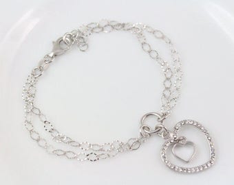 925 Sterling silver Heart Bracelet. Select Sterling silver charm, Bracelet two hearts in Sterling silver. Double chain Bracelet