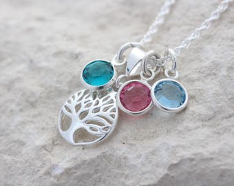 Sterling Silver Family Tree Necklace With Three  Personalized birthstone OR Initials. Choose Sterling silver Italian Chain.