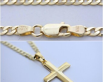 10k solid Gold 3.1mm Curb chain.  With 12k Gold Over Sterling silver Cross width: 0.79"x 1.61" Select chain Chain 16" to  22". R-80