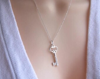 925 Sterling Silver Key Necklace on sterling Silver Italian. Antique Style Skeleton Key. Choice chain.