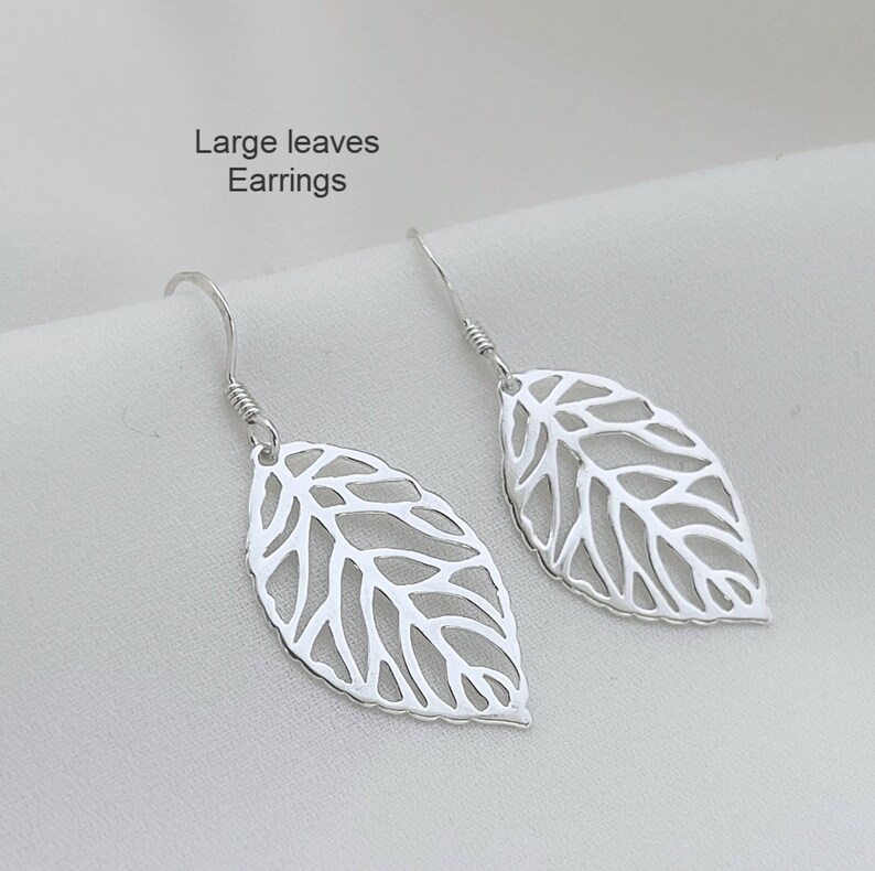 925 Sterling Silver leaves Earrings. Hypoallergenic. Choose Hinge Earring & Hook Earrings. Larg Leaf 31x 19mm Or Sm Leaf 26 x 15mm plus hook image 5