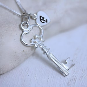 Sterling Silver Key Necklace, CHOOSE 1 customized Charm Skeleton key necklace, Silver Antique Style key on sterling silver chain