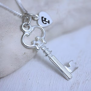 Sterling Silver Key Necklace, CHOOSE 1 customized Charm Skeleton key necklace, Silver Antique Style key on sterling silver chain image 1