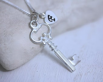 Sterling Silver Key Necklace, CHOOSE 1 customized Charm Skeleton key necklace, Silver Antique Style key on sterling silver chain