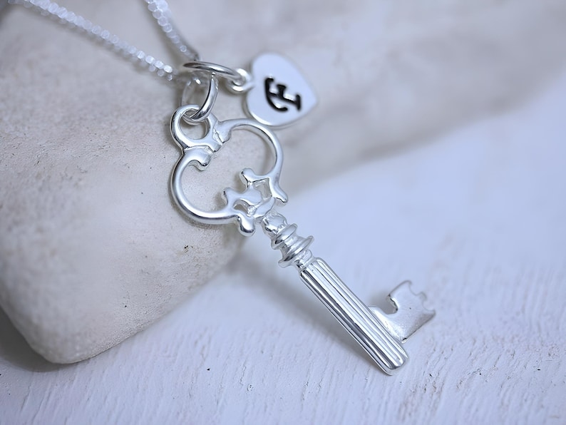 Sterling Silver Key Necklace, CHOOSE 1 customized Charm Skeleton key necklace, Silver Antique Style key on sterling silver chain image 1