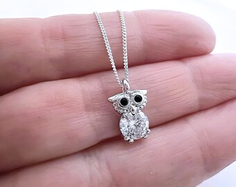 Small Silver Owl Necklace, Wisdom owl Necklace on Sterling Silver chain- Cubic Zirconia silver Owl Pendant