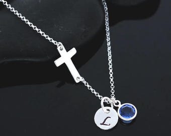 Sideways Cross Necklace - Sterling Silver Necklace - Taylor Jacobson Cross- Kelly Ripa - Personalized initial birthstone- Horizontal Cross