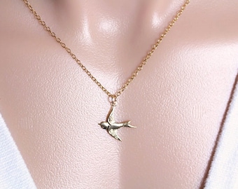 Gold Bird Necklace, Choose Chain. Gold Flying bird charm. Gold Filled bird and chain. Gold Bird Jewelry