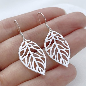 925 Sterling Silver leaves Earrings. Hypoallergenic. Choose Hinge Earring & Hook Earrings. Larg Leaf 31x 19mm Or Sm Leaf 26 x 15mm plus hook image 1