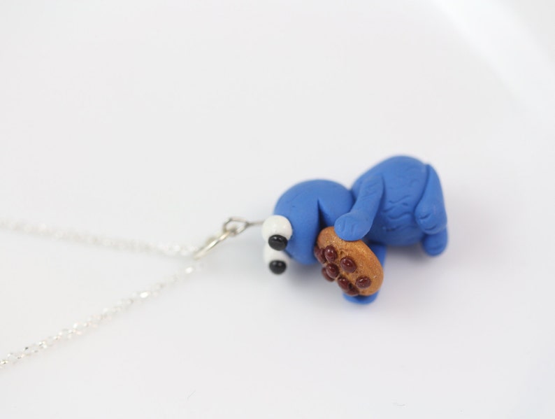 Cookie Monster Necklace, on Sterling silver Chain Polymer Clay cookie monster charm Polymer clay animal Kids gift, Kids Jewelry image 4