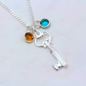 Sterling Silver Key Necklace with Initial and Birthstone, Personalized silver key necklace, Size 30 x 12mm. CHOOSE chain