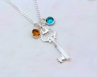 Sterling Silver Key Necklace with Initial and Birthstone, Personalized silver key necklace, Size 30 x 12mm. CHOOSE chain