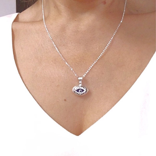 Sterling silver Evil Eye Necklace.  Cubic zirconia evil eye necklace.  Celebrity silver Mati Evil eye sterling silver necklace.