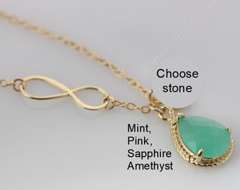 Mint teardrop Necklace, Gold Mint Necklace, Gold Infinity Necklace Friendship Gift, Choose Stone Mint, Pink, Amethyst, Sapphire