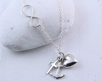 Sterling Silver Cross infinity necklace, faith hope love jewelry necklace of faith. Faith Hope Charity Necklace, Cross, anchor, Heart