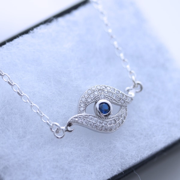 Sterling silver Mati Evil Eye Necklace. Cubic zirconia evil eye necklace. Celebrity Evil eye sterling silver necklace.