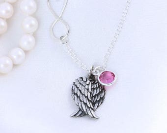 Sterling silver Angel Wing Necklace, Personalized Angel wing Birthstone, Infinity Necklace, lost loved one, Guardian Angel Protective Charm