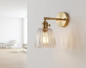 Applique da parete in ottone e vetro, stile retrò Art Déco, specchio da camera da letto/bagno, vintage nordico, fatto a mano