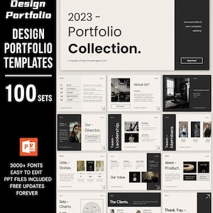 May include: A design portfolio template preview titled "Design Portfolio Collection 2023." The template includes 100 sets, 3000+ fonts, and is easy to edit. The design is in black and white with a modern aesthetic.