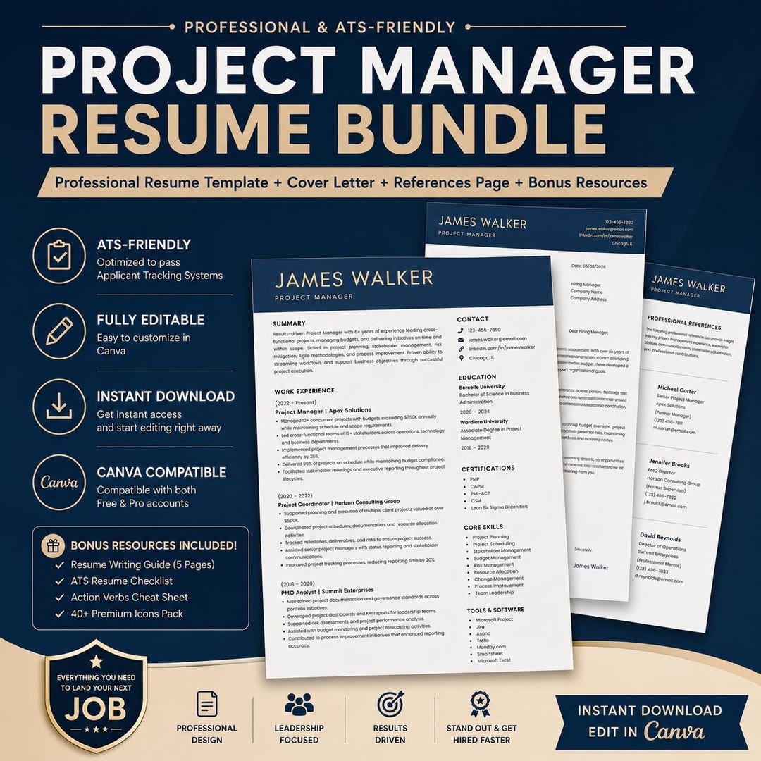 Project Management Resume Bundle Canva, ATS Resume Template, Editable ...